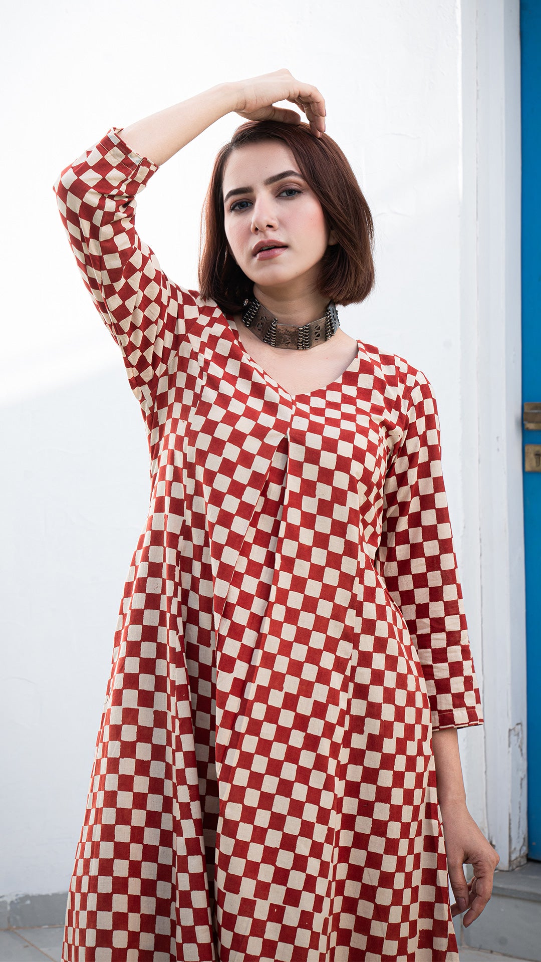 Shree Checkered Hand Block A Line Cotton Kurta - Red