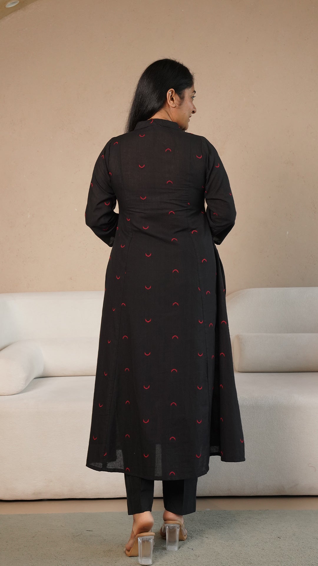 Mehaa Chand Motif Hand Woven Kali Cotton Kurta - Black