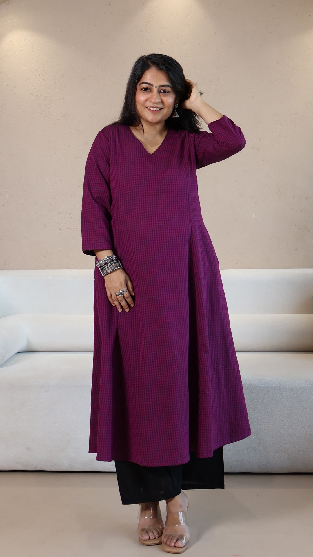 Purple Checkered Handwoven Cotton Kurta