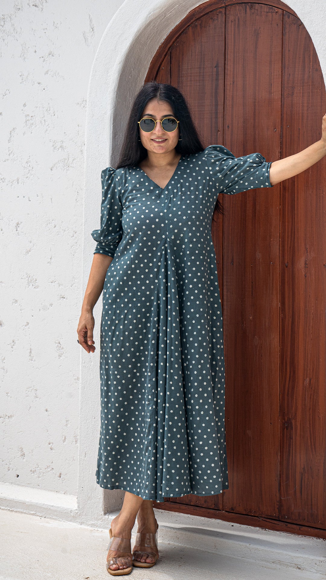 Prisha Polka Dots Hand Block Cotton Dress - Grey