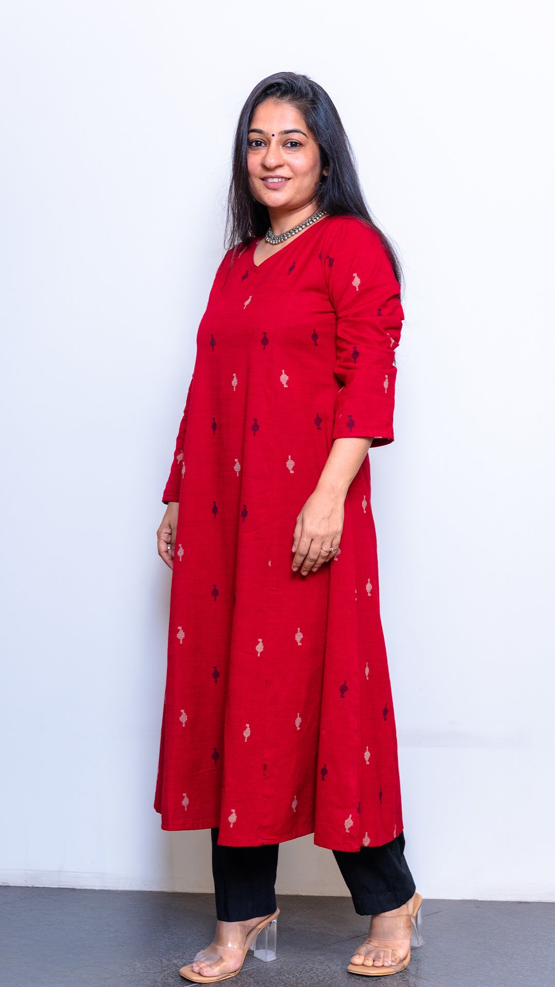 Adah Red Hand Woven Kali Kurta