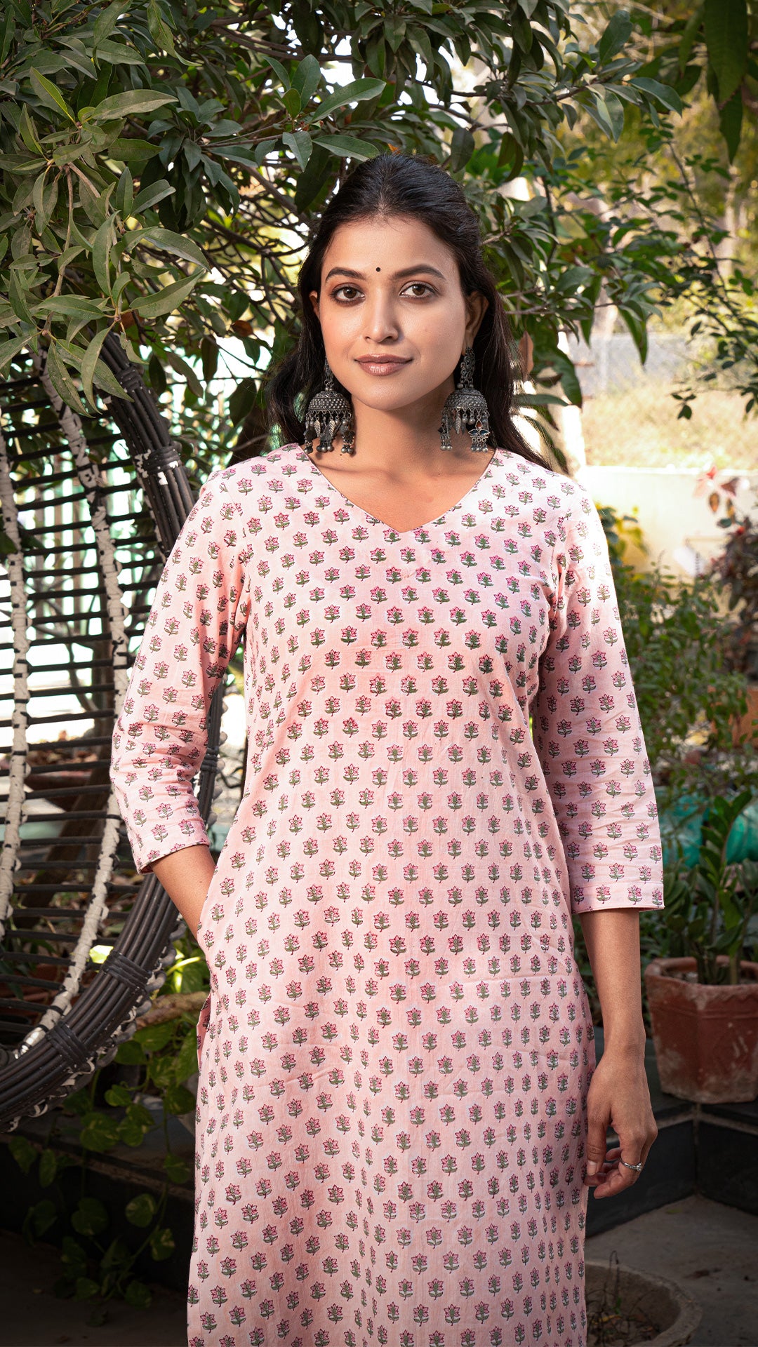 Tyani Sanganeri Hand Block Cotton Kurta - Peach