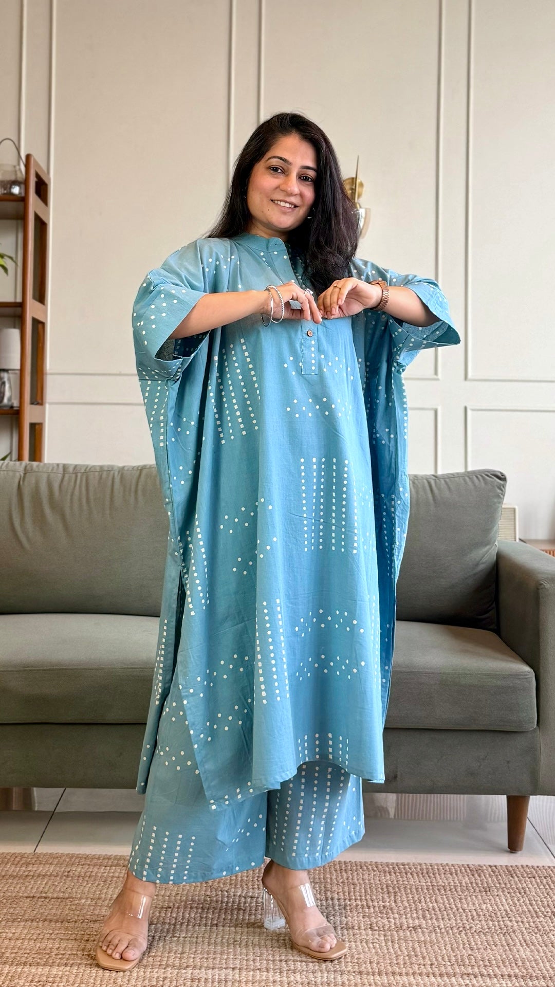 Aarvi Kaftan Co-ord In Cotton - Sky Blue