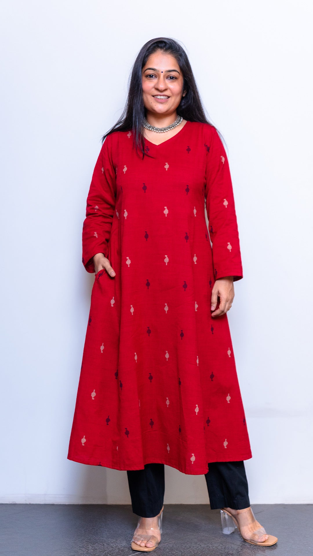 Adah Red Hand Woven Kali Kurta