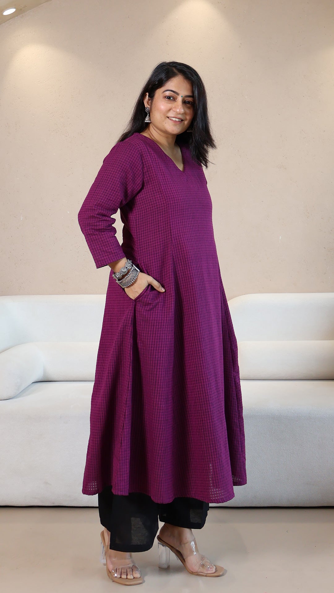 Purple Checkered Handwoven Cotton Kurta
