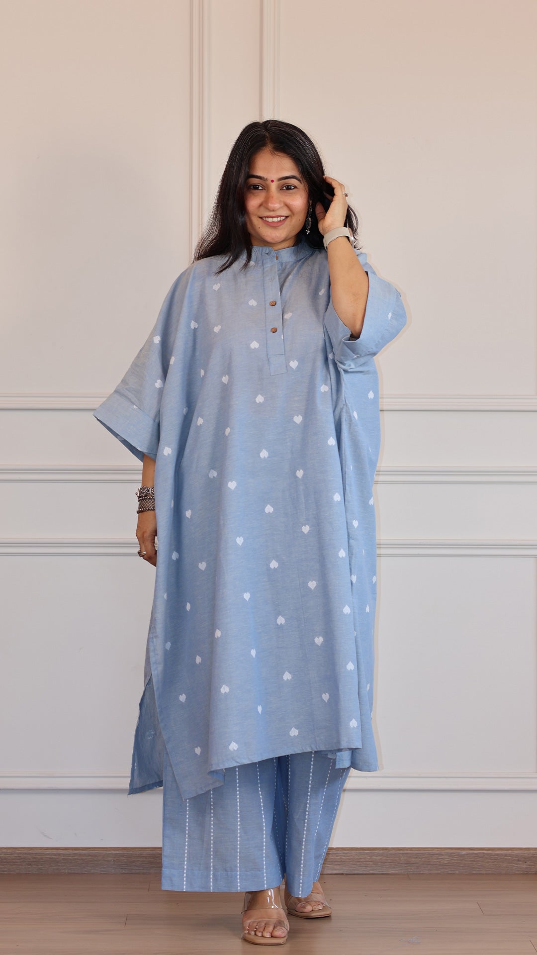 Hearts Handwoven Cotton Kaftan Co-ord - Powder Blue