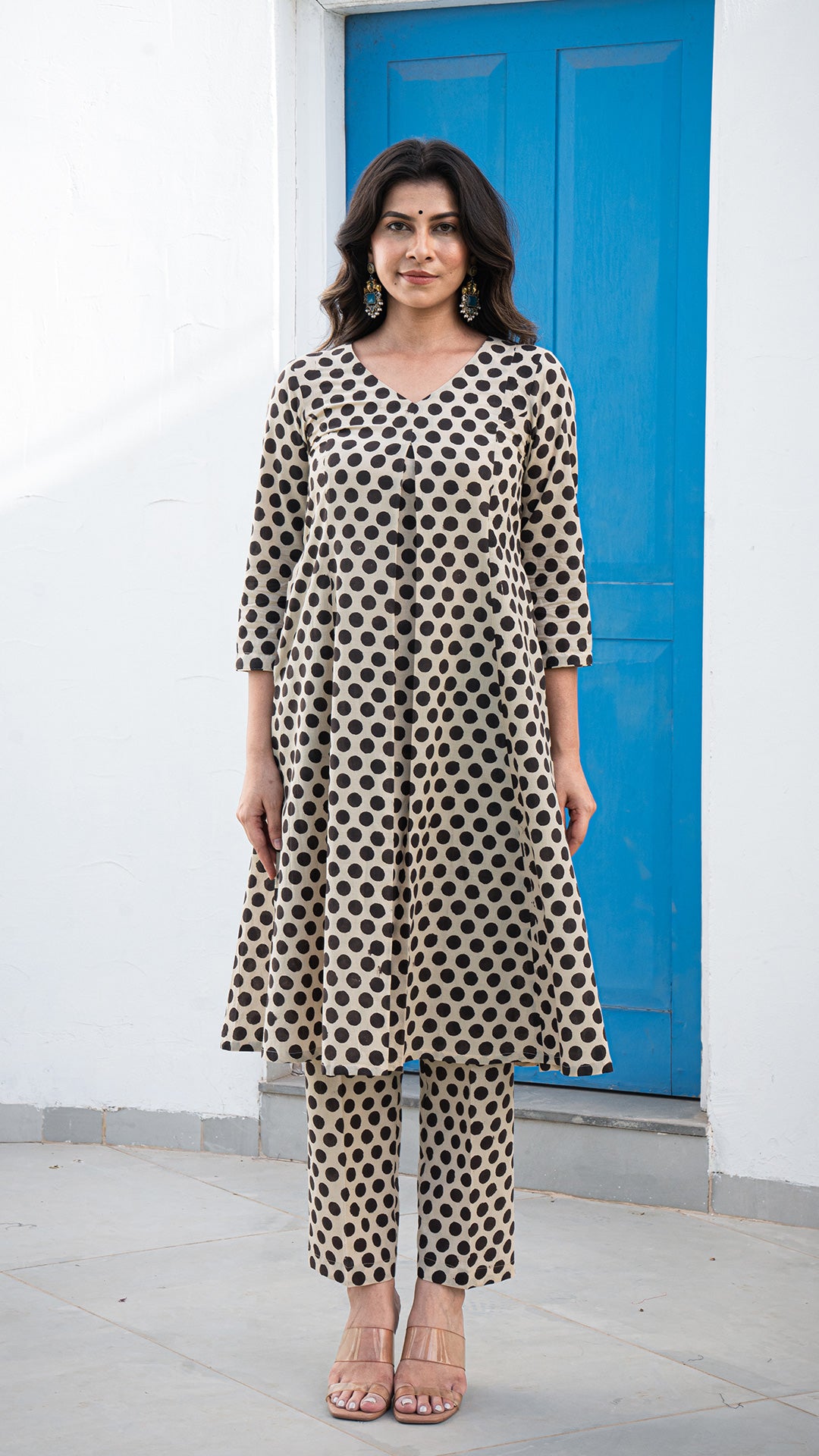 Shreeja Polka Dots Hand Block A Line Cotton Kurta - Black