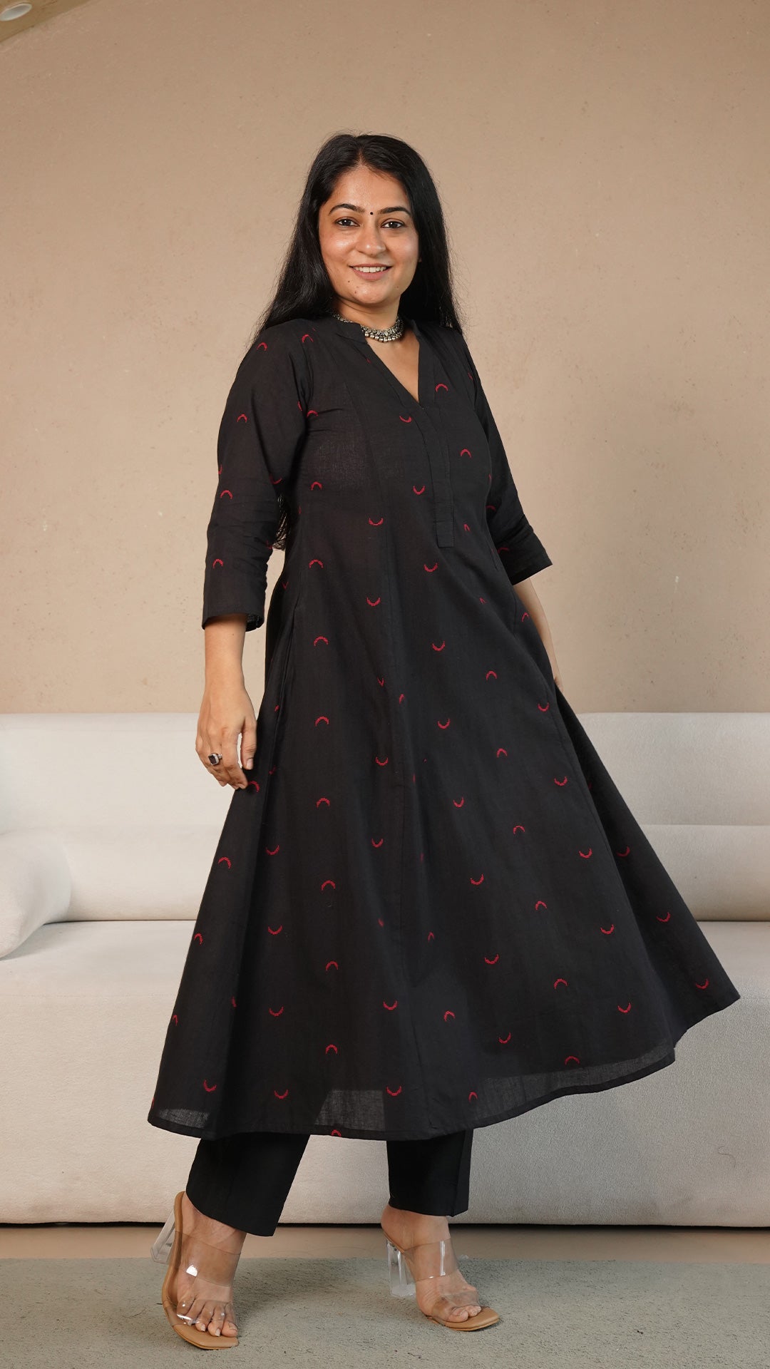 Mehaa Chand Motif Hand Woven Kali Cotton Kurta - Black