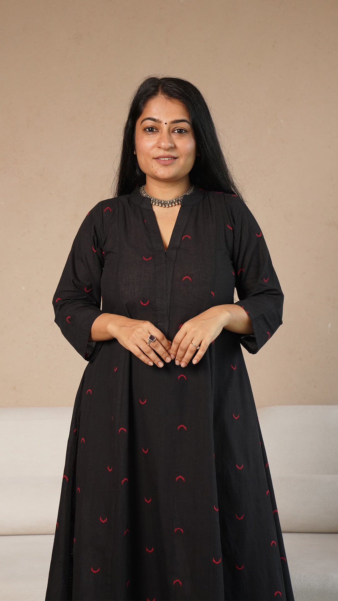 Mehaa Chand Motif Hand Woven Kali Cotton Kurta - Black