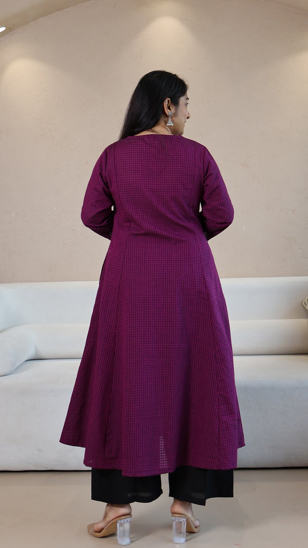 Purple Checkered Handwoven Cotton Kurta