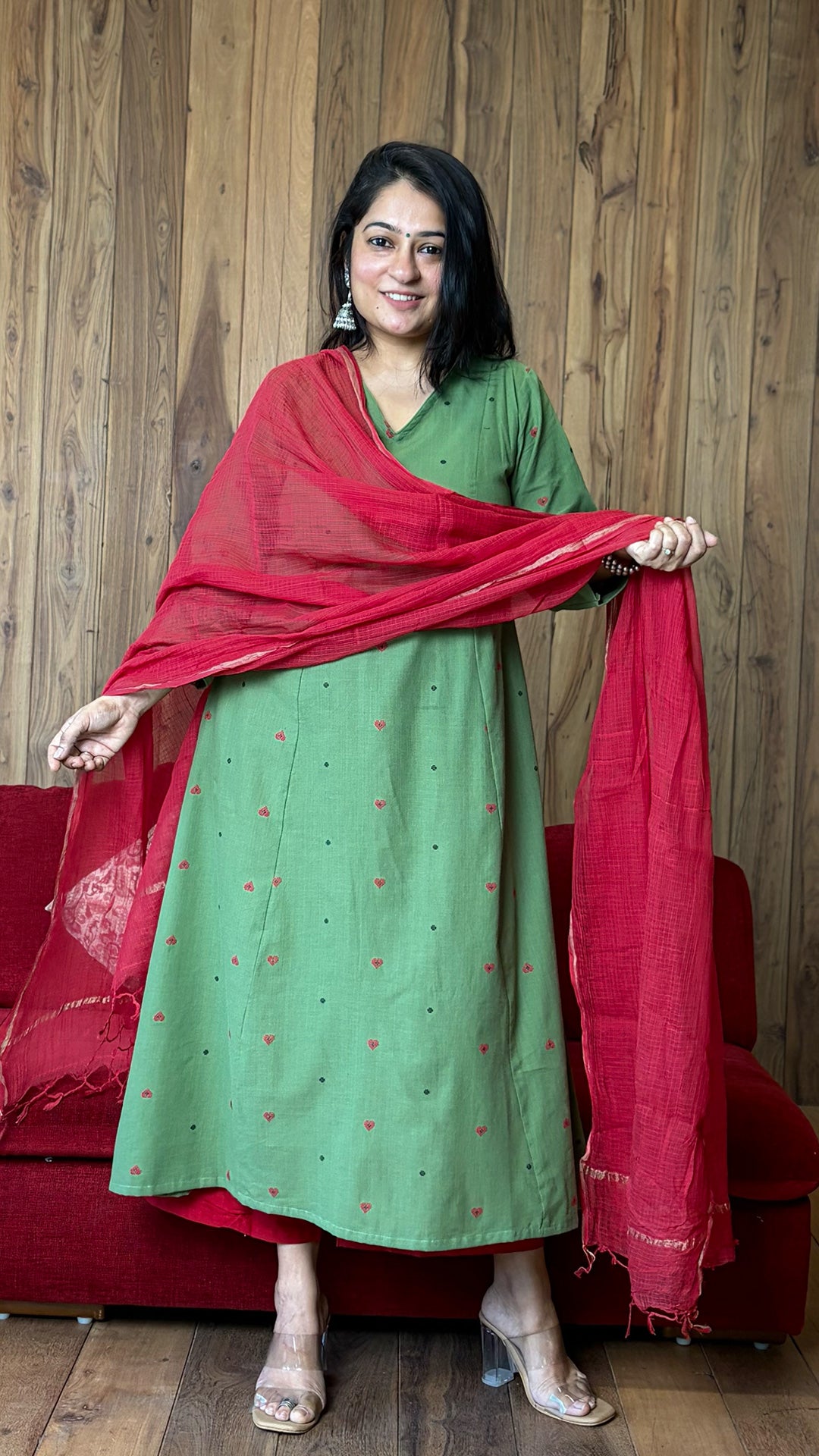Gauhar Hand Woven Kali Kurta In Cotton - Green