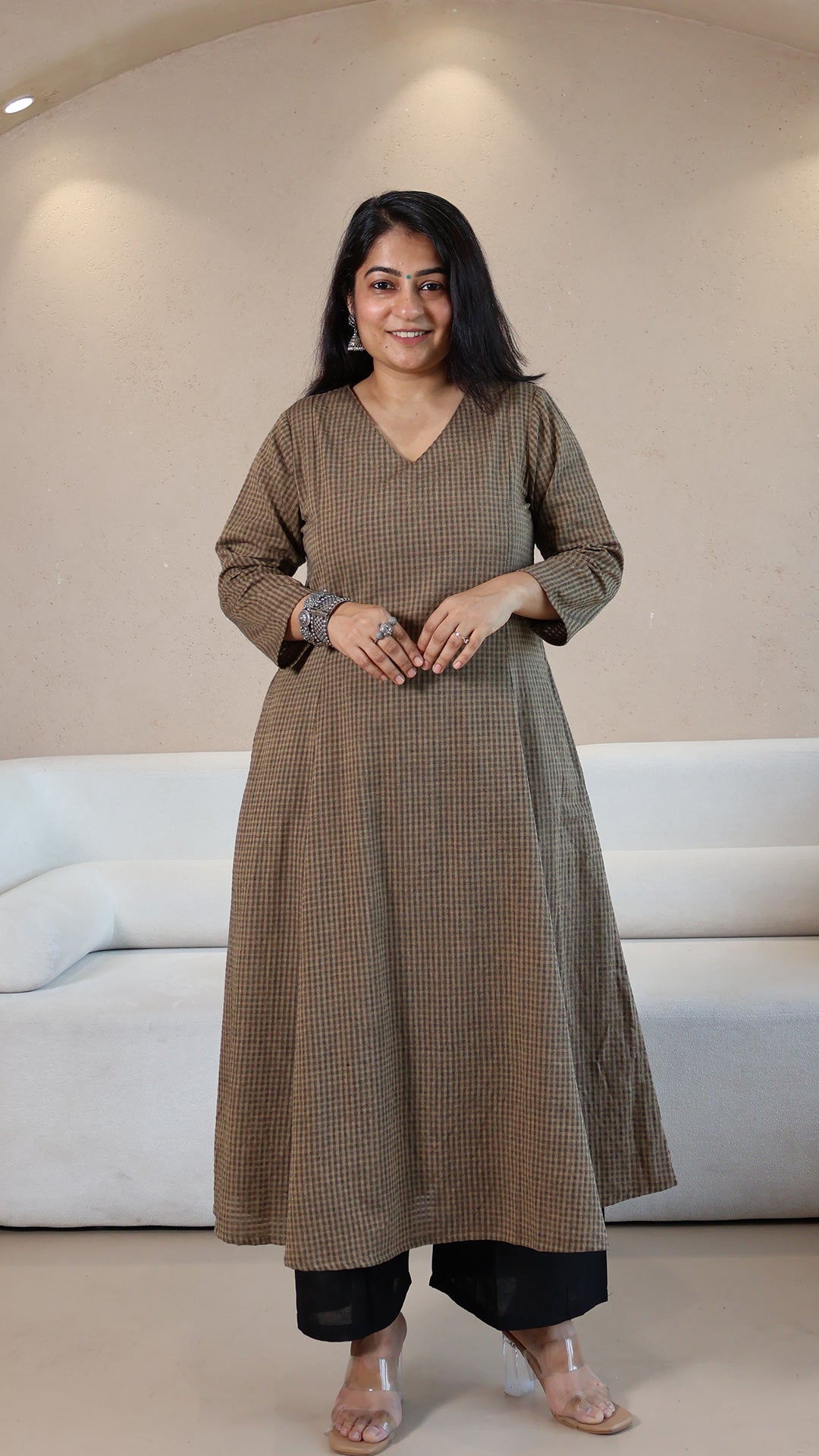 Brown Checkered Handwoven Cotton Kurta