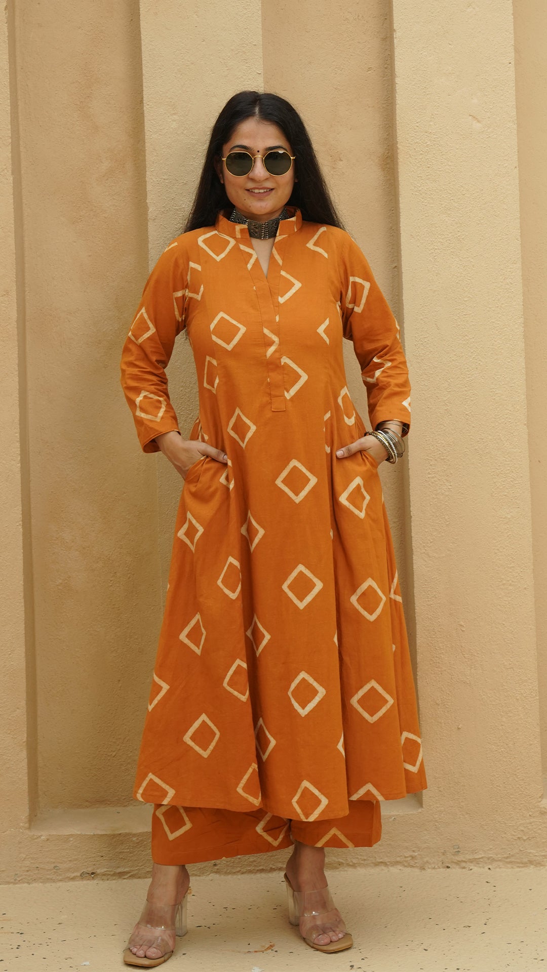 Osha Square Block Print Cotton Kurta - Rust