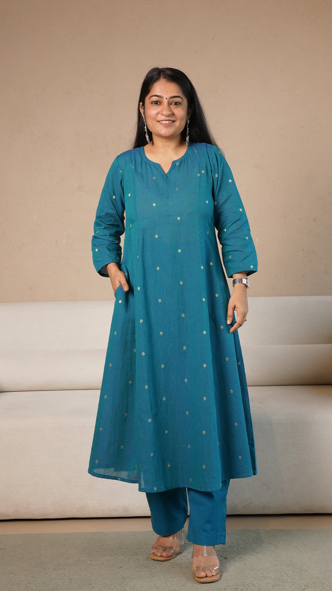 Keya Hand Woven Golden Zari Motif Kali Cotton Kurta - Blue