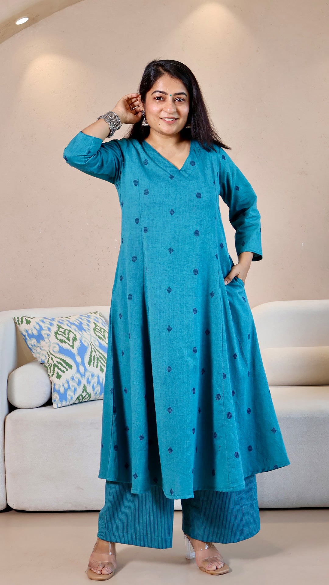 Sehra Handwoven Cotton Kurta - Turquoise