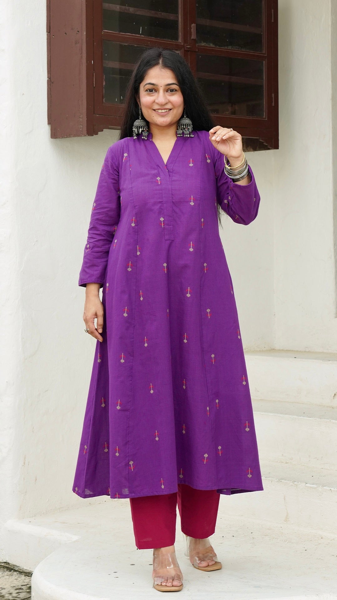 Veda Flower Motif Hand Woven Kali Cotton Kurta - Purple