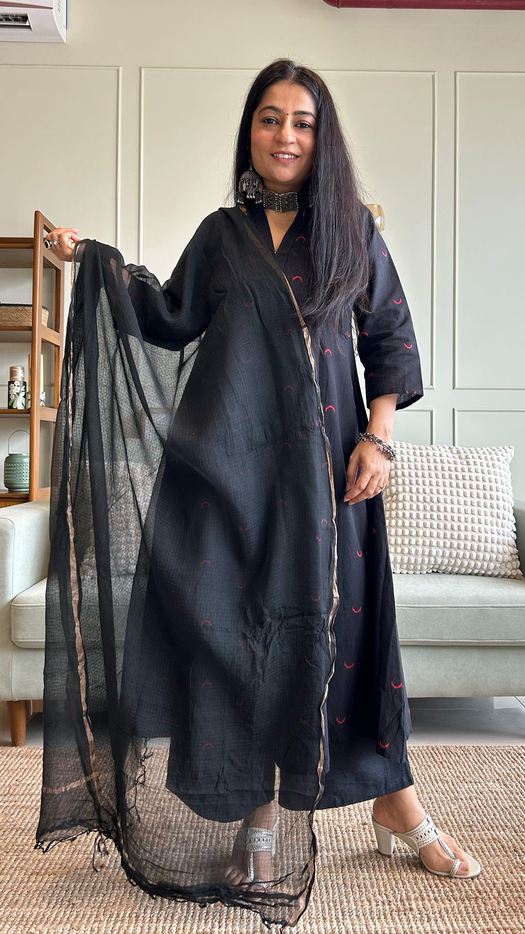 Mehaa Chand Motif Hand Woven Kali Cotton Kurta - Black
