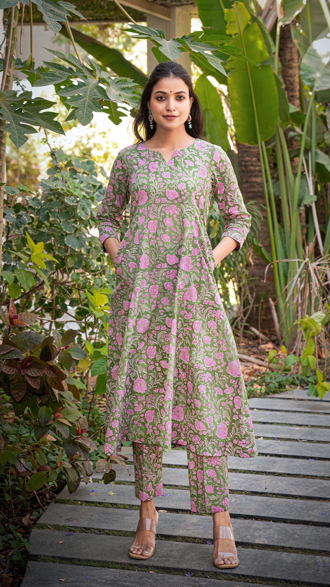 Shanaya Sanganeri Hand Block Kali Cotton Kurta - Green