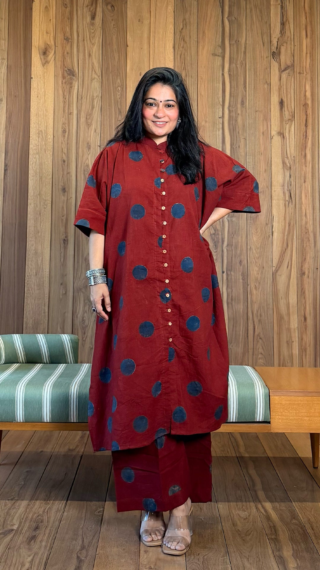 Daphane Ajrakh Cotton Kaftan Co-ord - Red/Blue Polka Dots