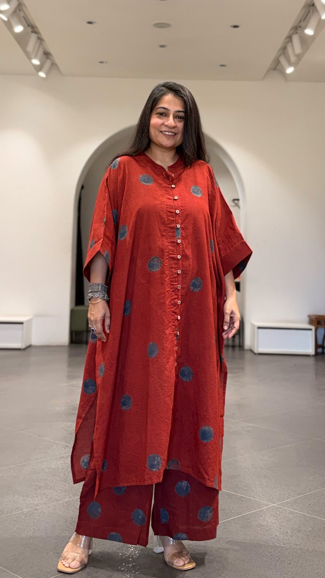 Daphane Ajrakh Cotton Kaftan Co-ord - Red/Blue Polka Dots