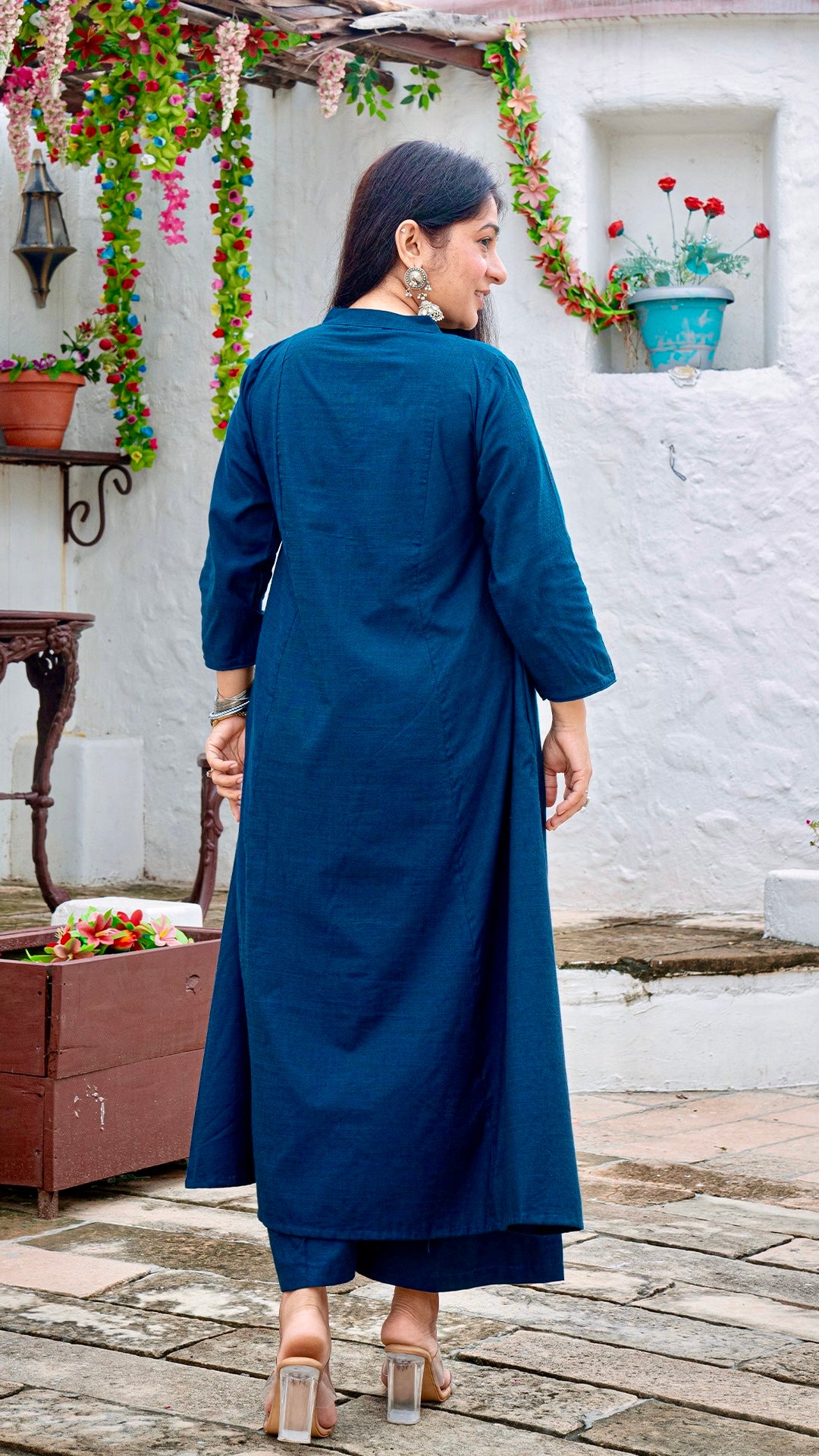 Solid Blue Hand Woven Kali Cotton Kurta