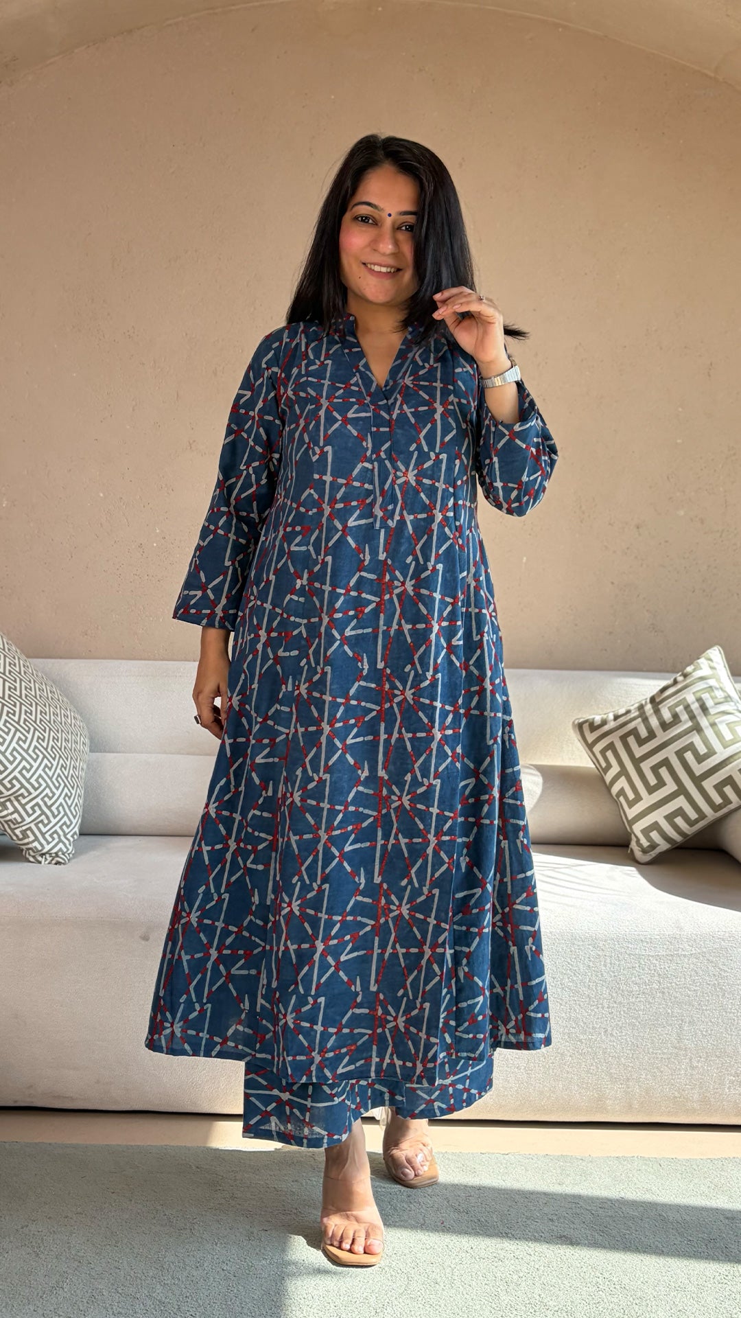 Barkha Ajrakh Kali Kurta In Cotton - Indigo