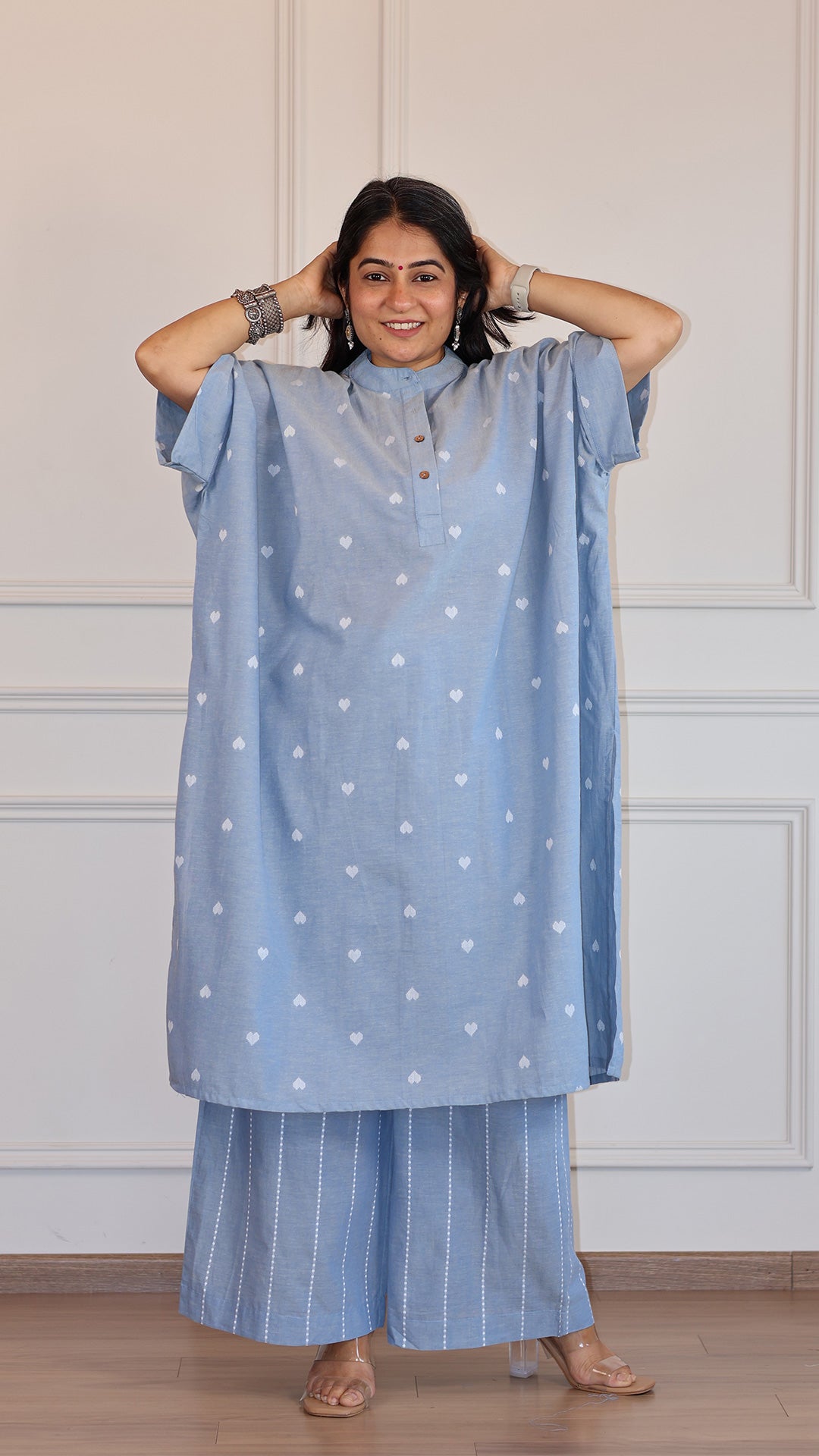 Hearts Handwoven Cotton Kaftan Co-ord - Powder Blue