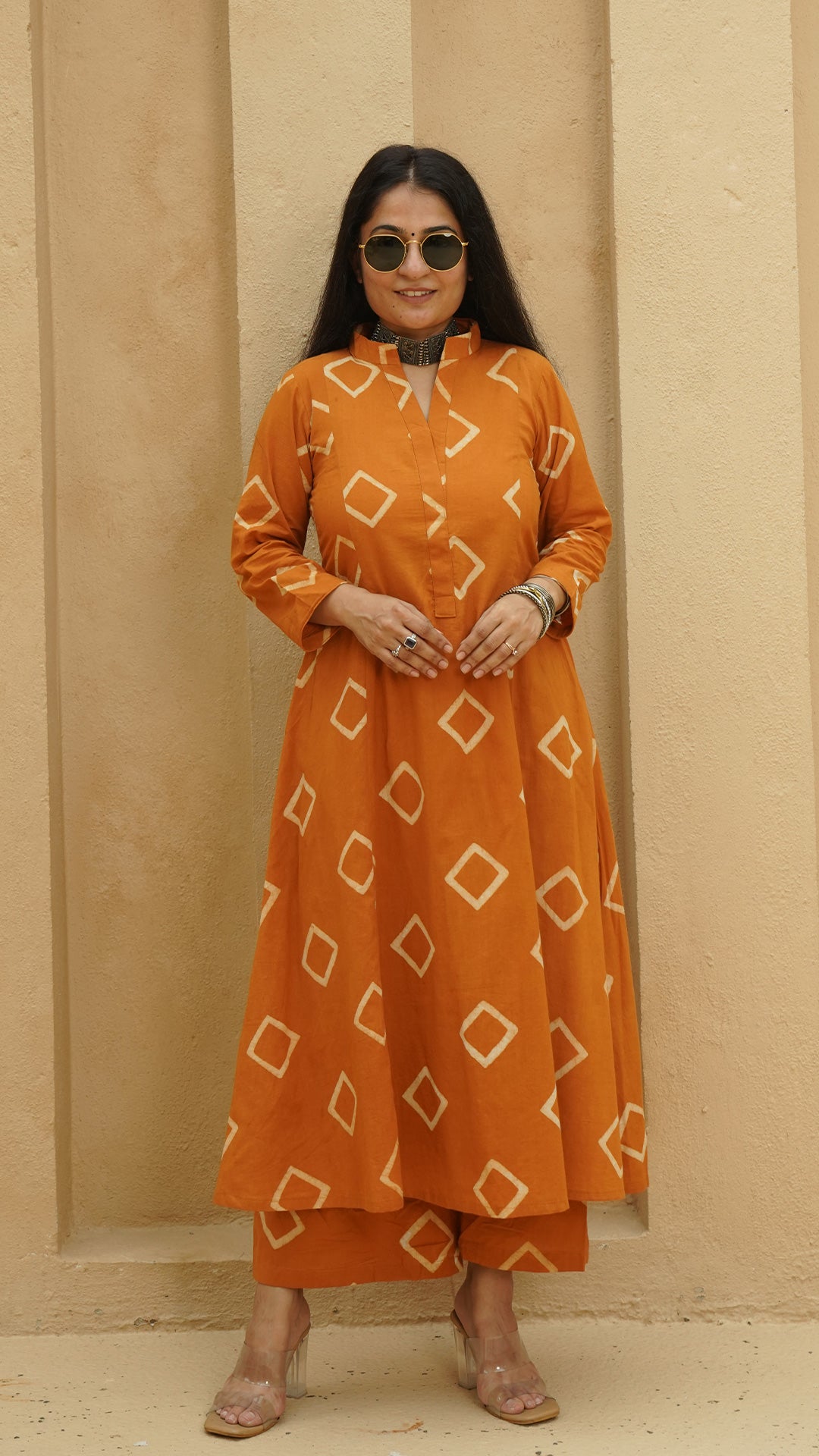 Osha Square Block Print Cotton Kurta - Rust