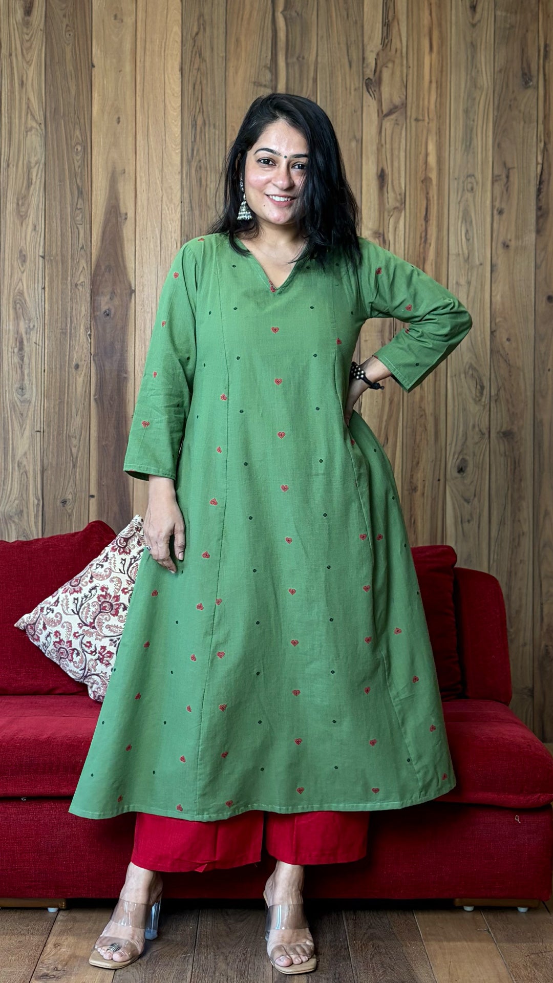 Gauhar Hand Woven Kali Kurta In Cotton - Green