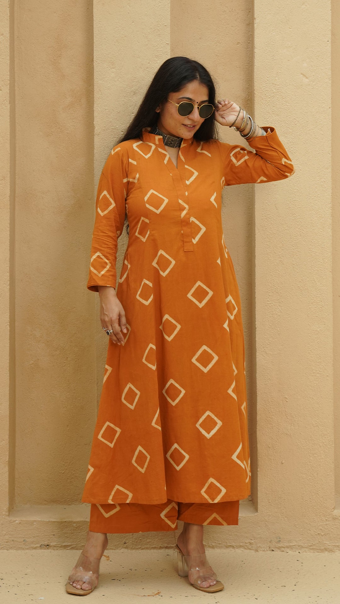 Osha Square Block Print Cotton Kurta - Rust