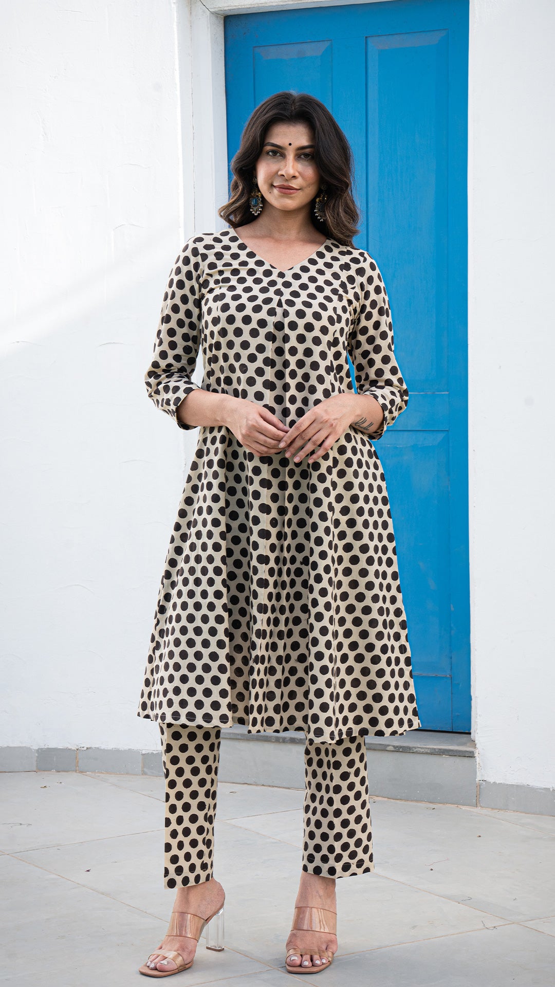 Shreeja Polka Dots Hand Block A Line Cotton Kurta - Black