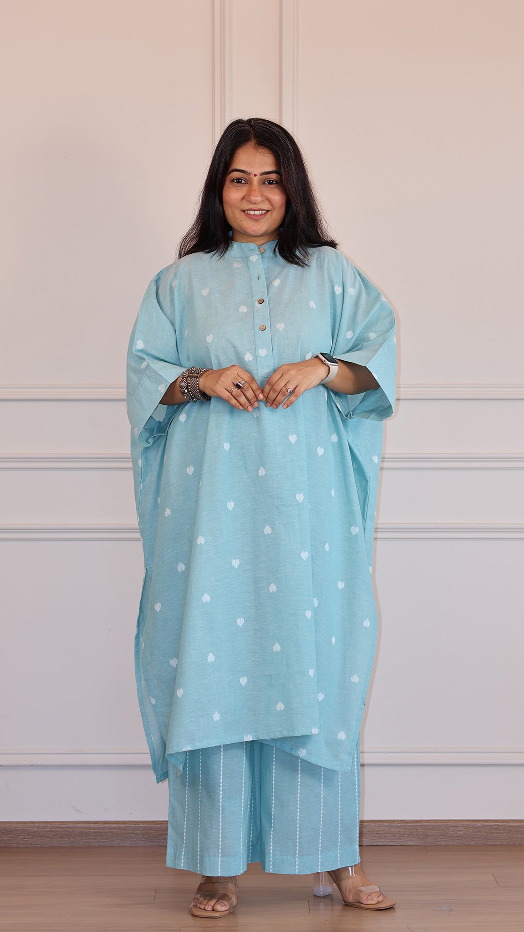Hearts Handwoven Cotton Kaftan Co-ord - Turquoise