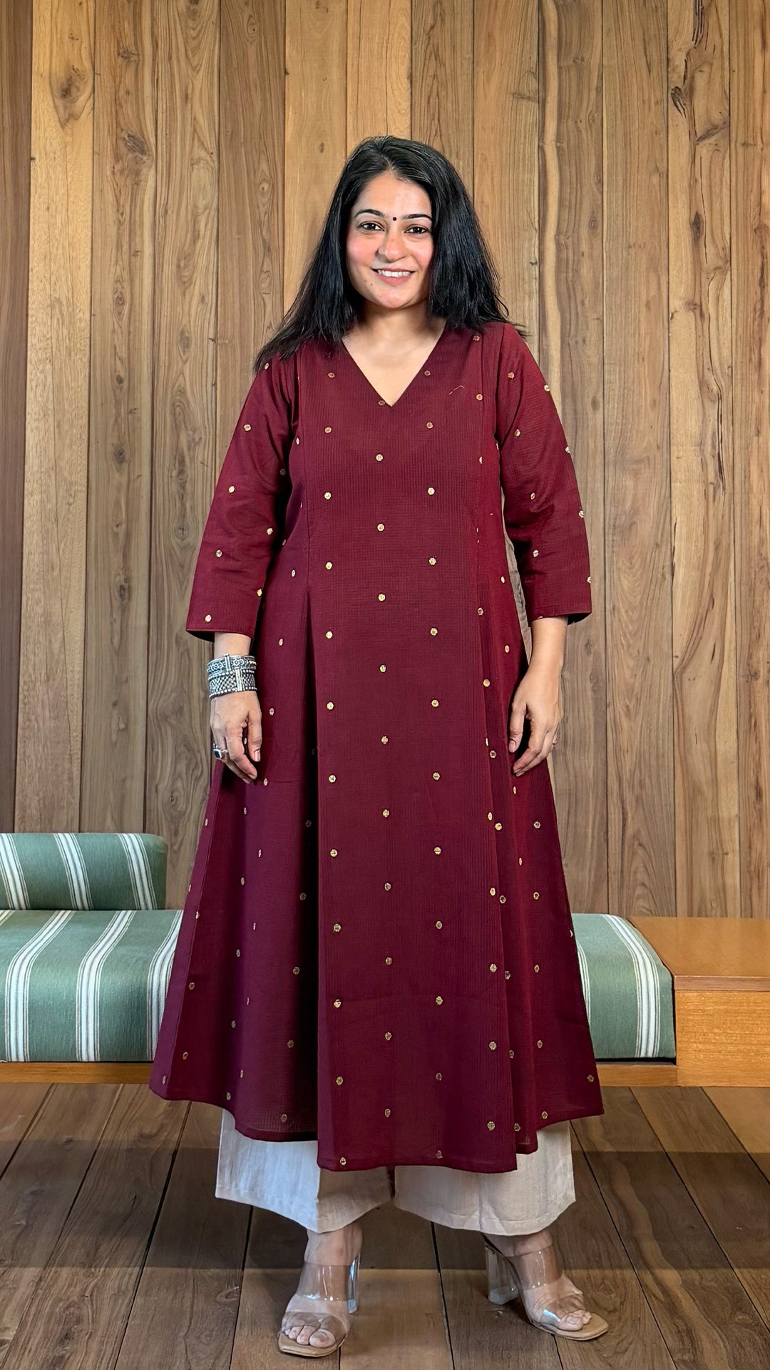 Aasma Handwoven Golden Zari Butti Cotton Kurta - Maroon