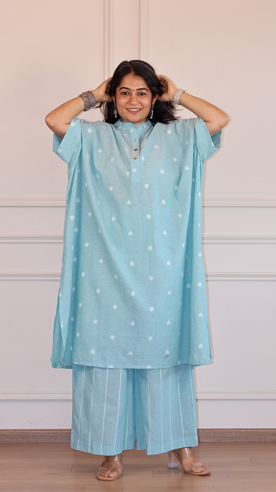 Hearts Handwoven Cotton Kaftan Co-ord - Turquoise