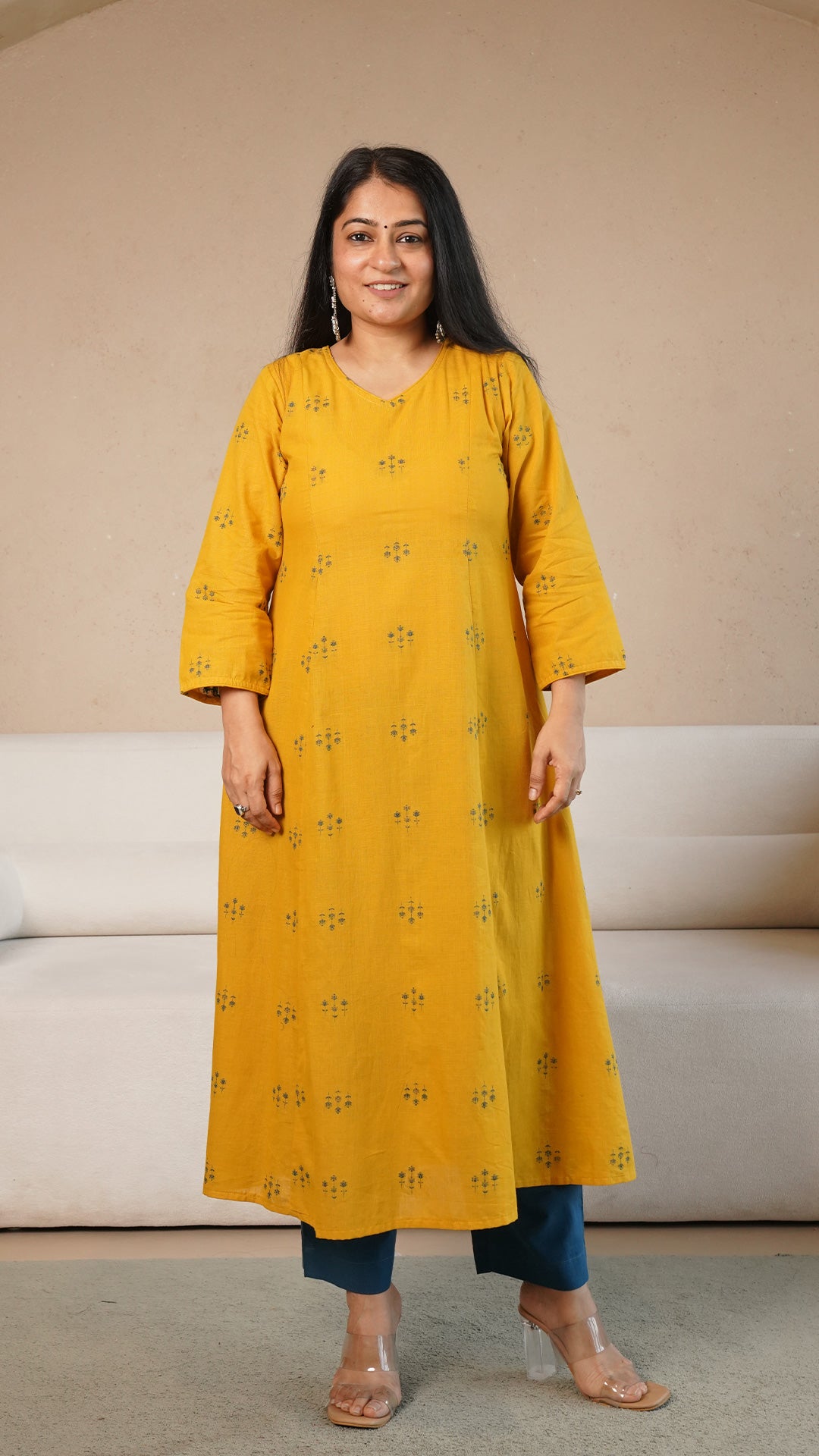 Ruhani Hand Woven Kali Cotton Kurta - Yellow
