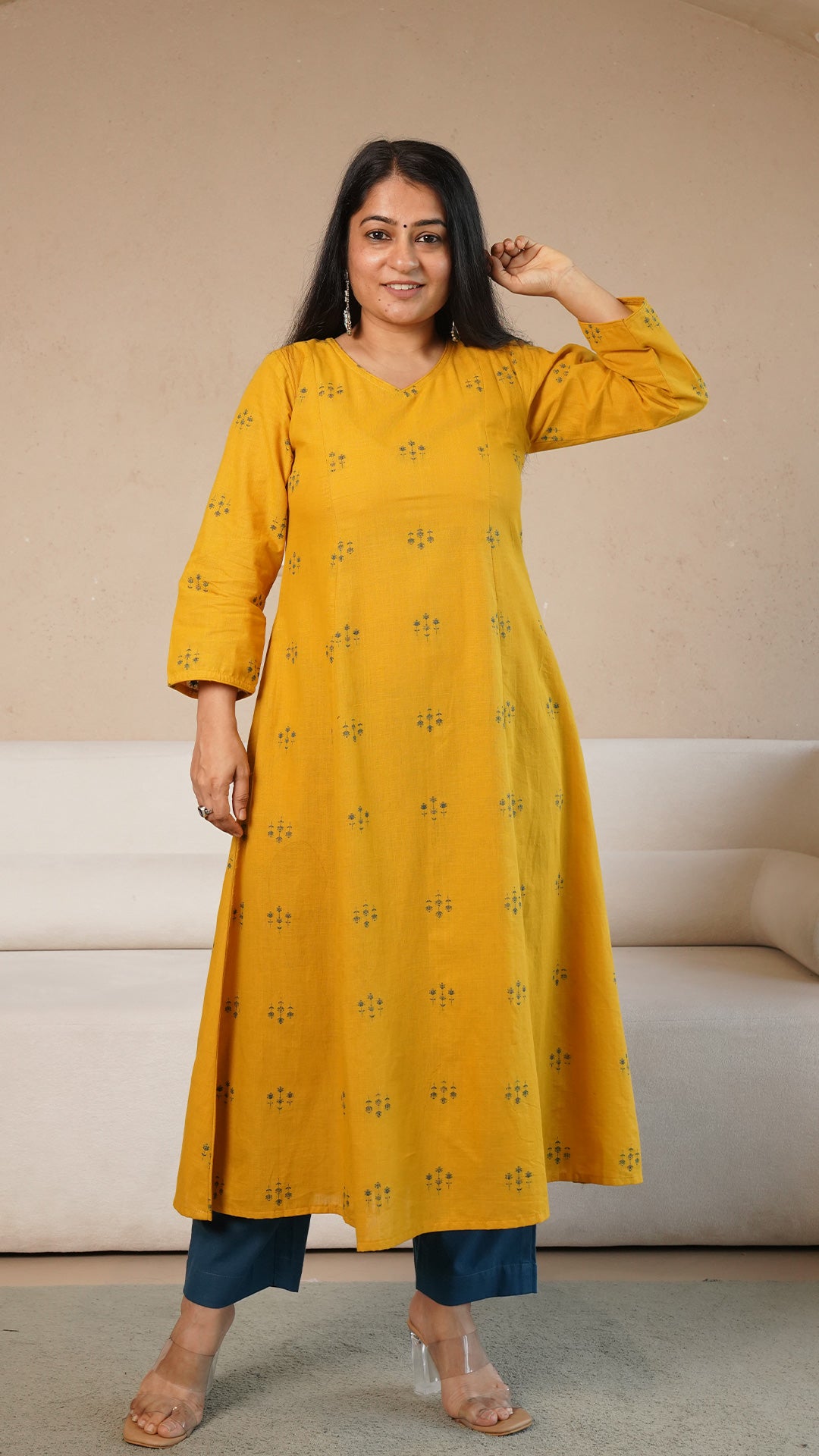 Ruhani Hand Woven Kali Cotton Kurta - Yellow