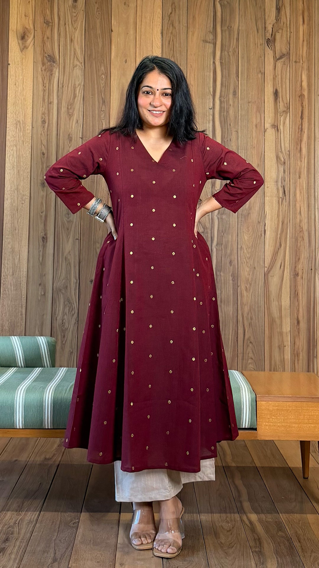 Aasma Handwoven Golden Zari Butti Cotton Kurta - Maroon