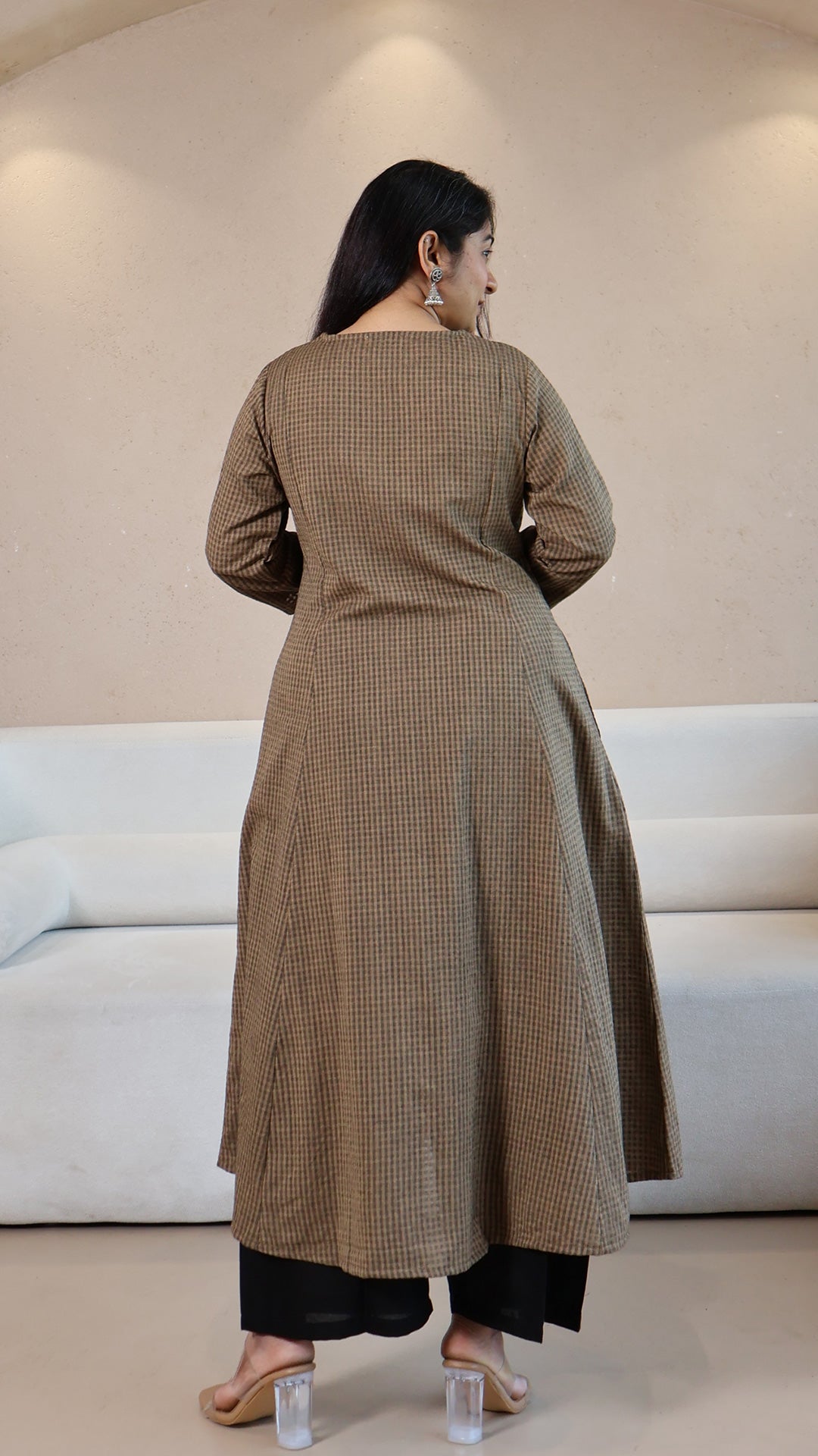 Brown Checkered Handwoven Cotton Kurta