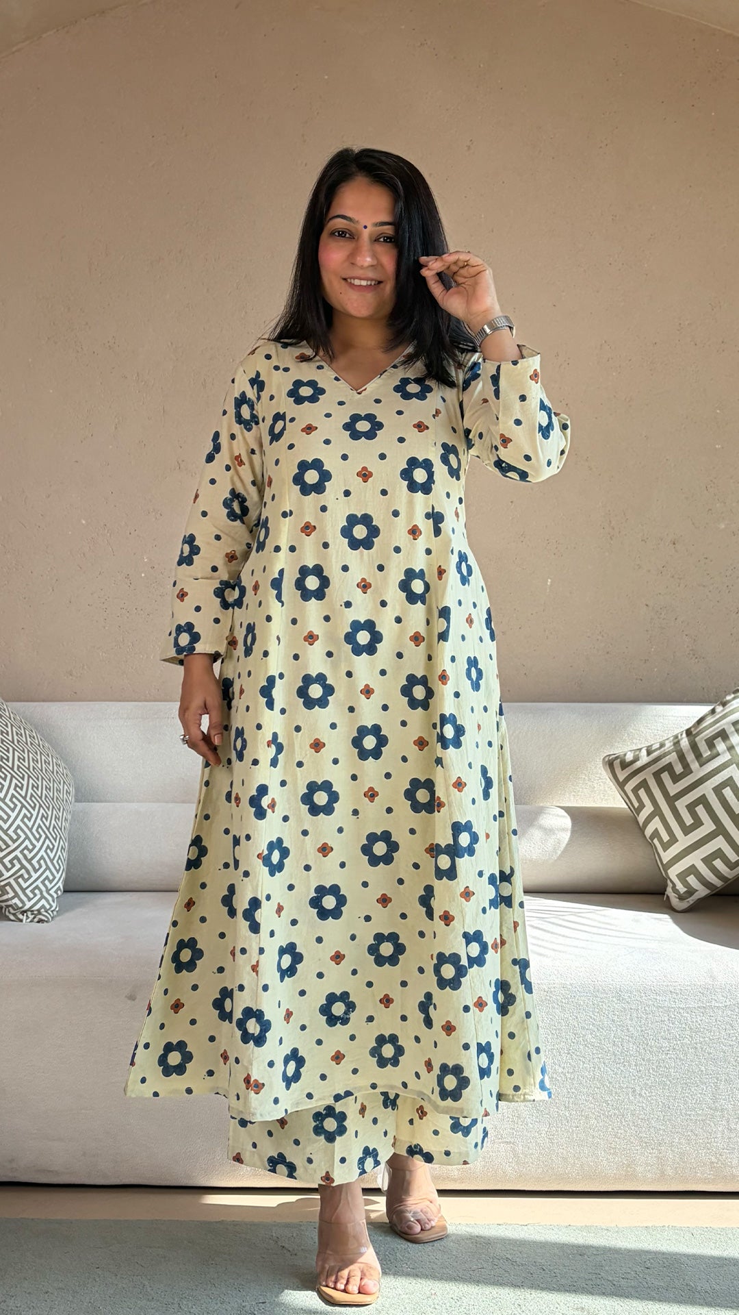 Eka Ajrakh Kali Kurta In Cotton - Ivory Floral