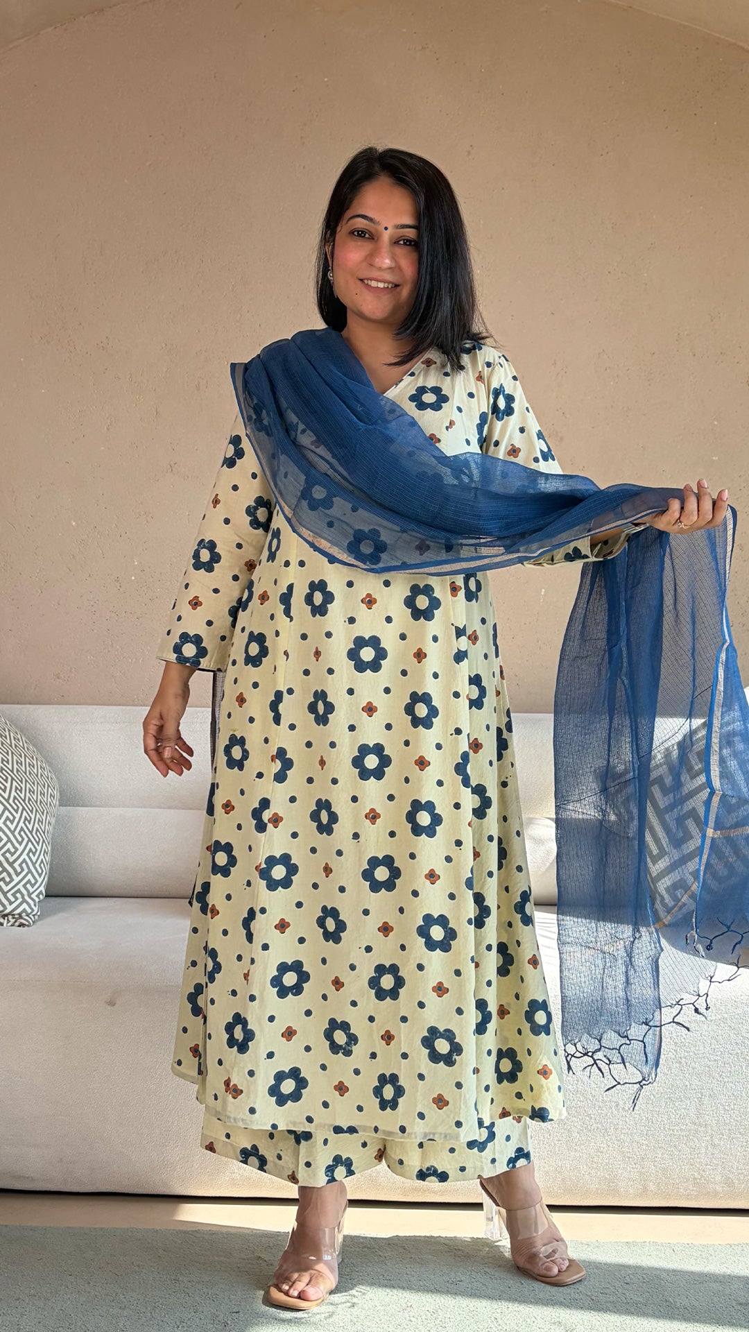 Eka Ajrakh Kali Kurta In Cotton - Ivory Floral