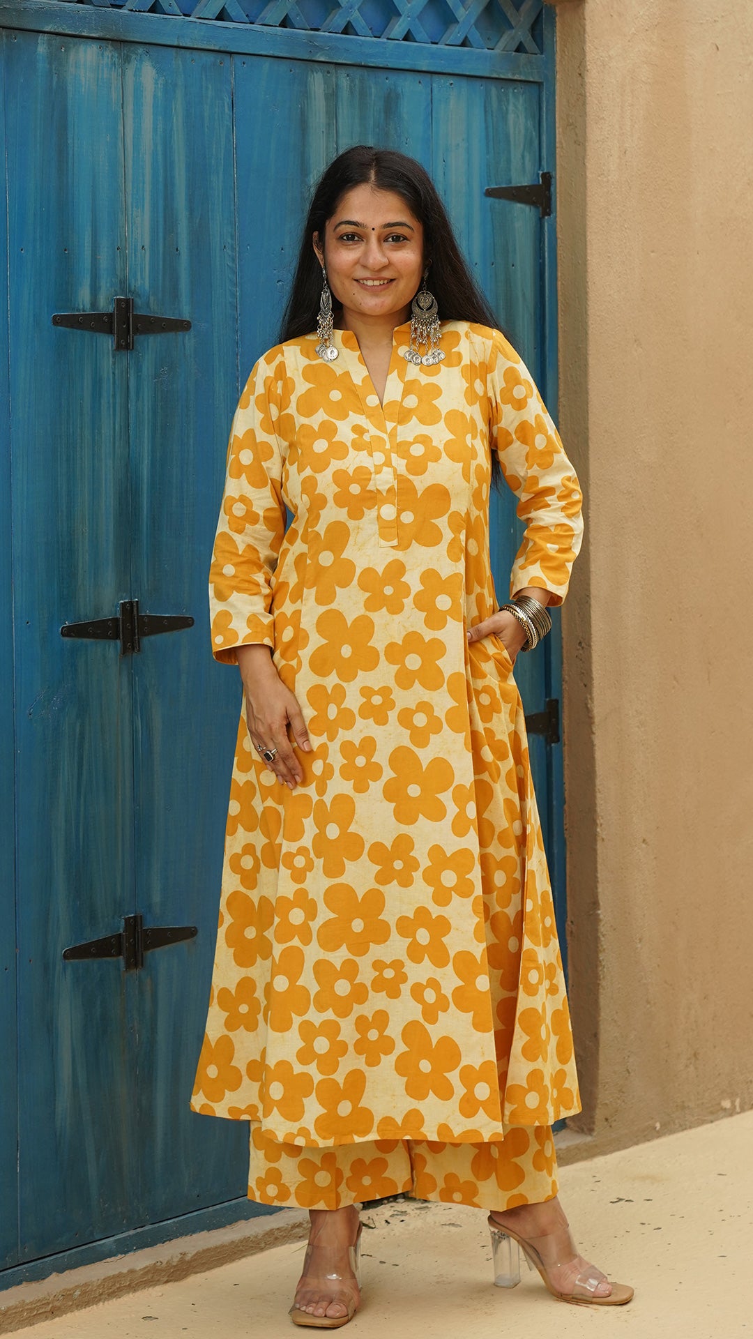 Kosha - Yellow Floral Kali Kurta In Cotton