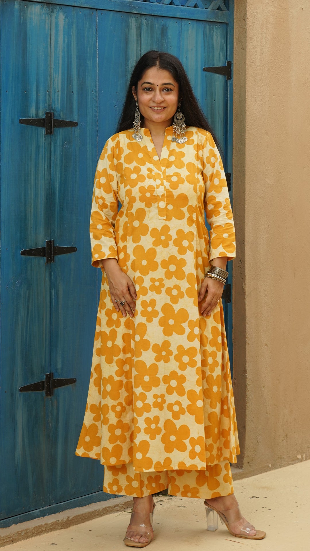 Kosha - Yellow Floral Kali Kurta In Cotton