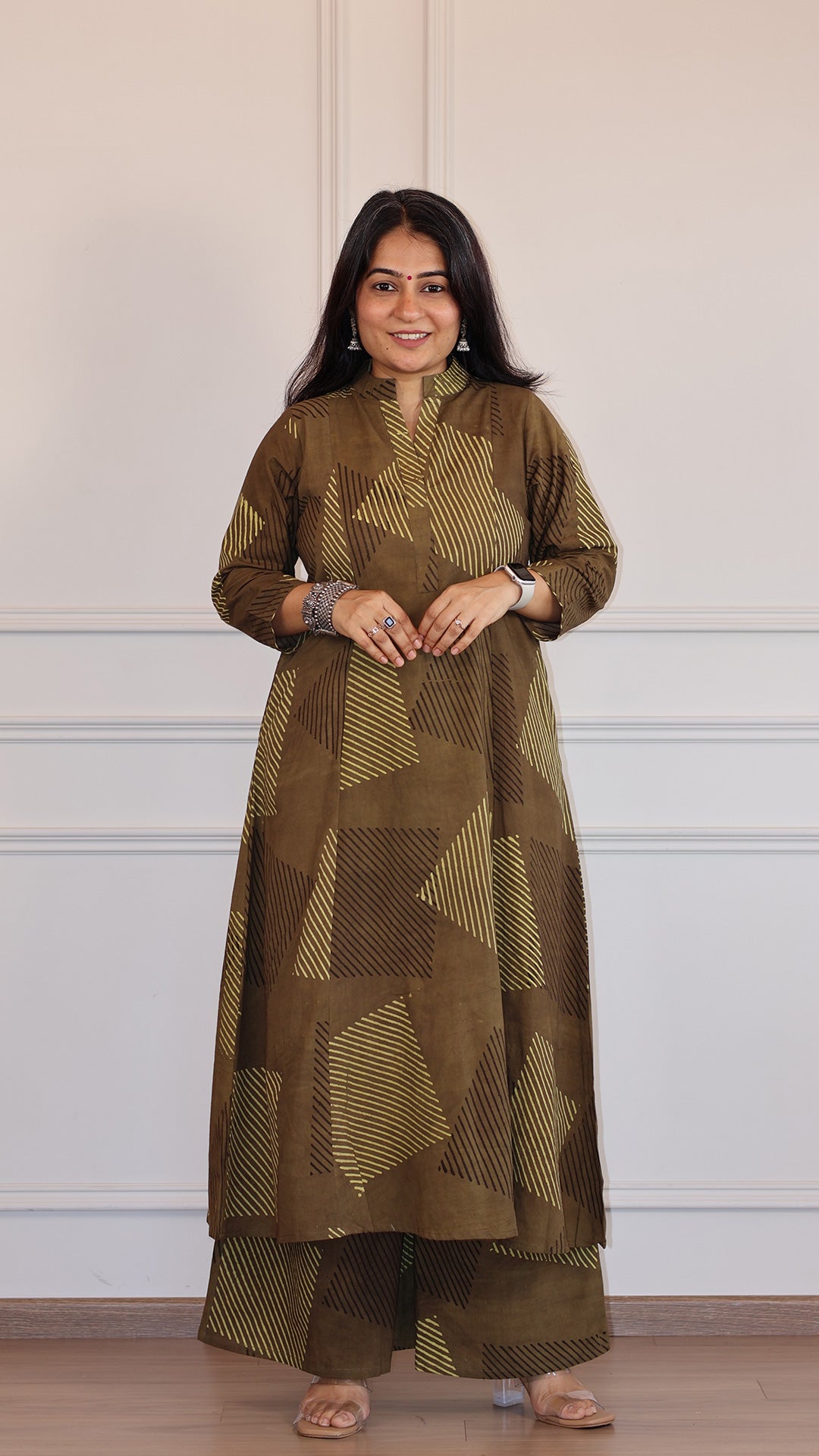 Nyra Ajrakh Geometric Print Cotton Hand Block Kurta Set- Brown