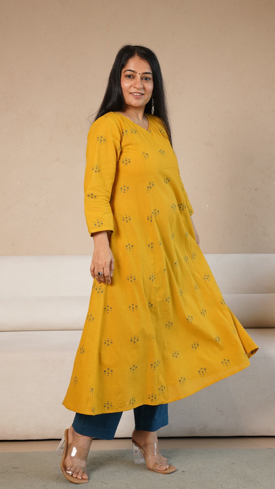 Ruhani Hand Woven Kali Cotton Kurta - Yellow