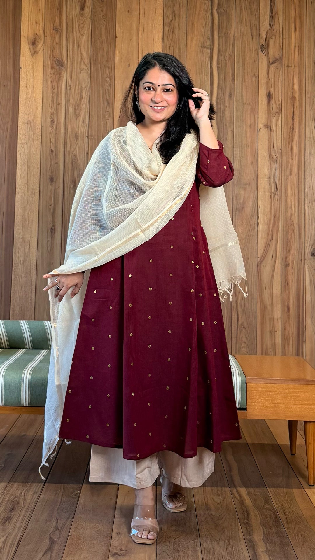 Aasma Handwoven Golden Zari Butti Cotton Kurta - Maroon