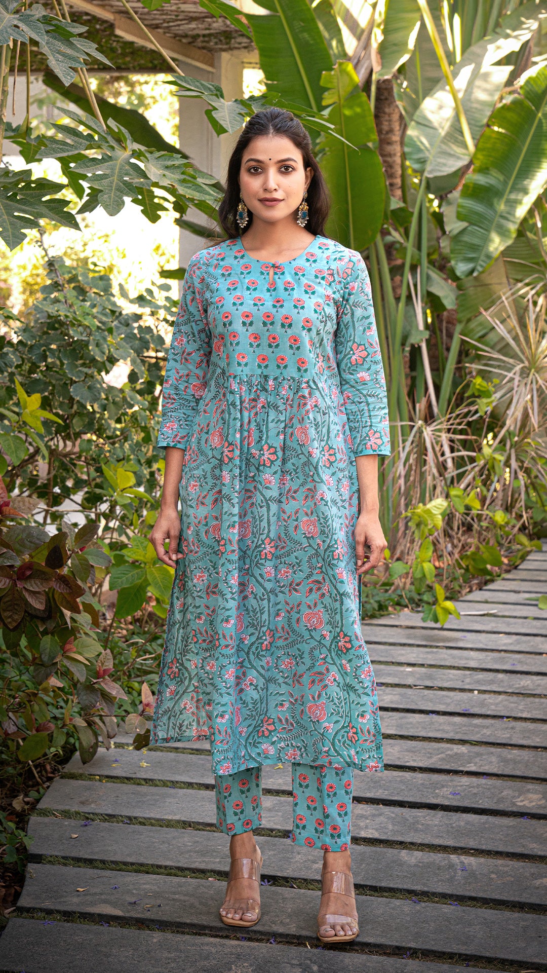 Nushrat Sanganeri Hand Block Cotton Kurta - Turquoise