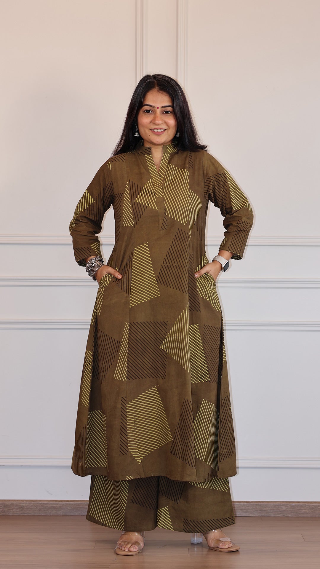 Nyra Ajrakh Geometric Print Cotton Hand Block Kurta Set- Brown