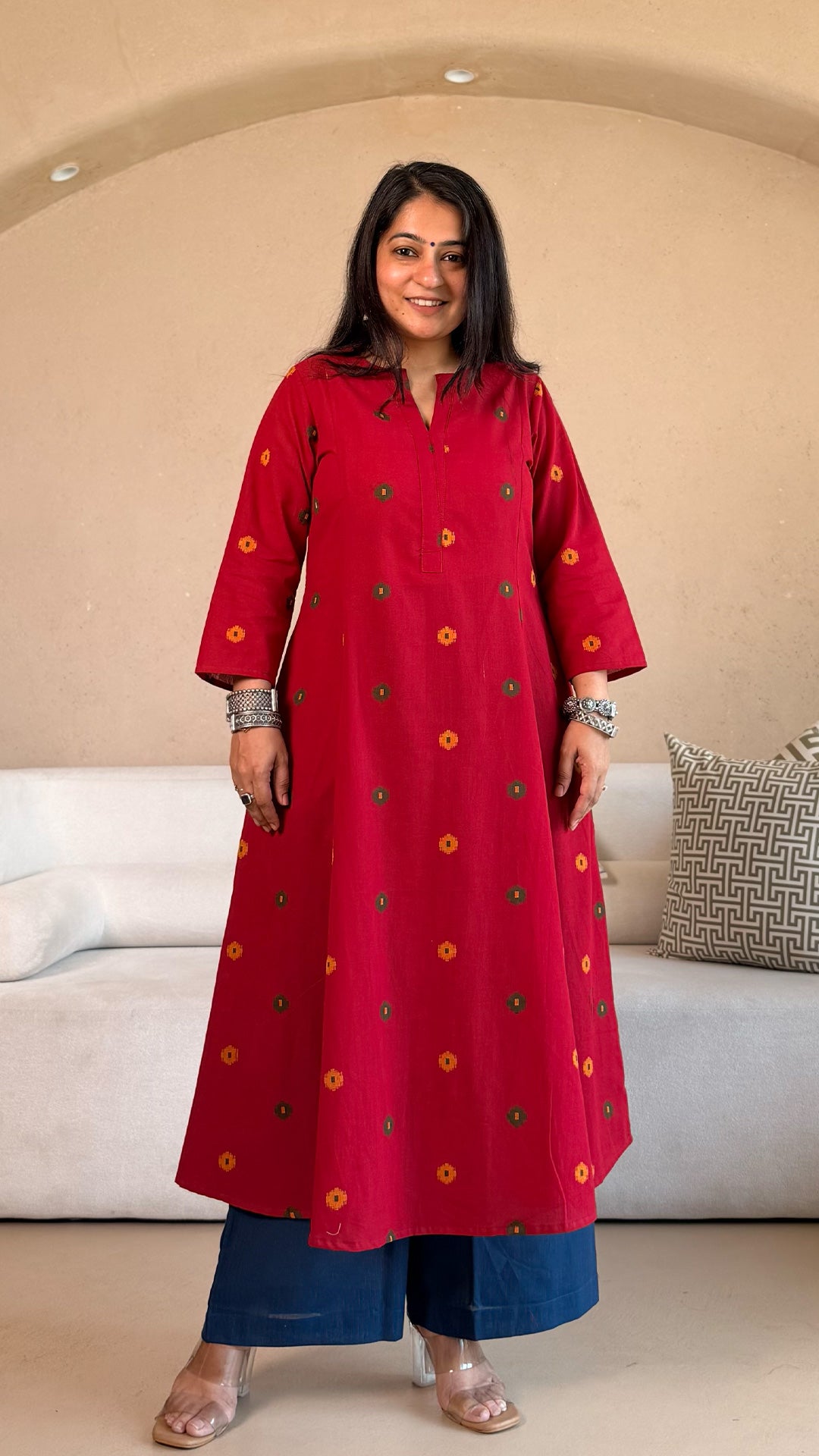 Spiti Handwoven Cotton Kurta- Red/Blue