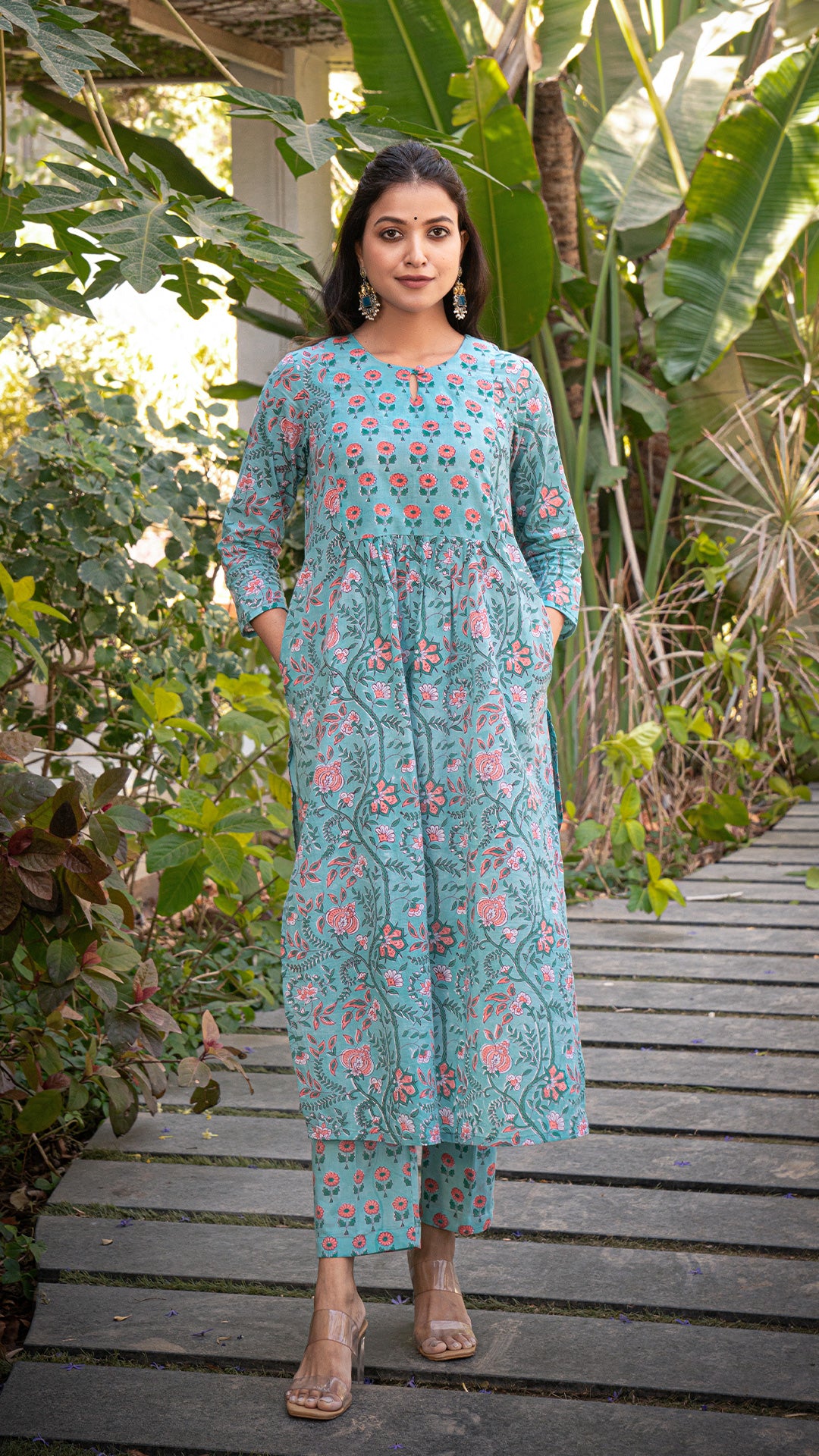 Nushrat Sanganeri Hand Block Cotton Kurta - Turquoise