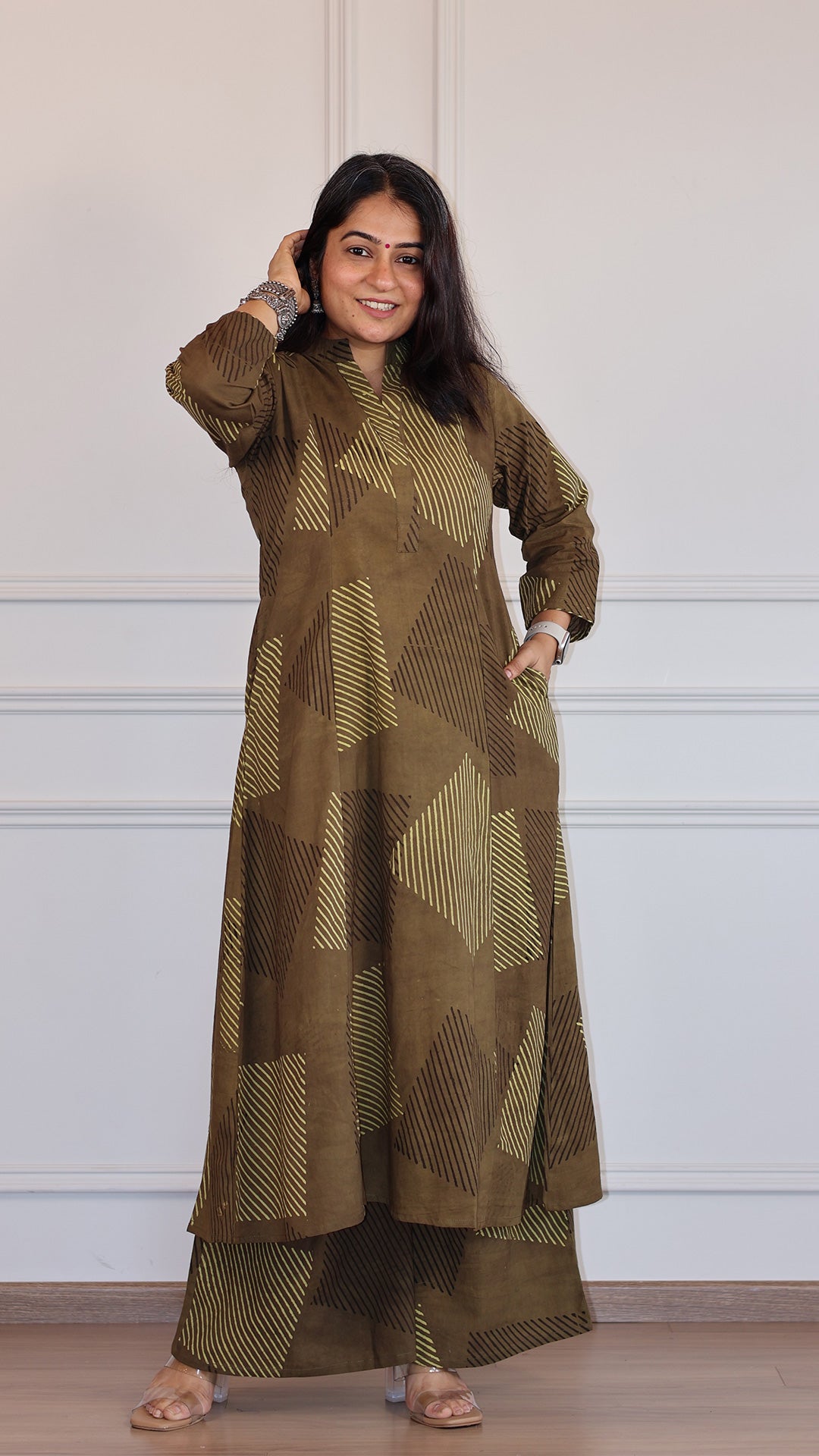 Nyra Ajrakh Geometric Print Cotton Hand Block Kurta Set- Brown